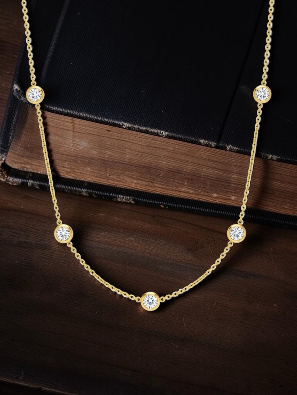 Gold stainless CZ Bezel Station Necklace - Elegant Gold Necklace